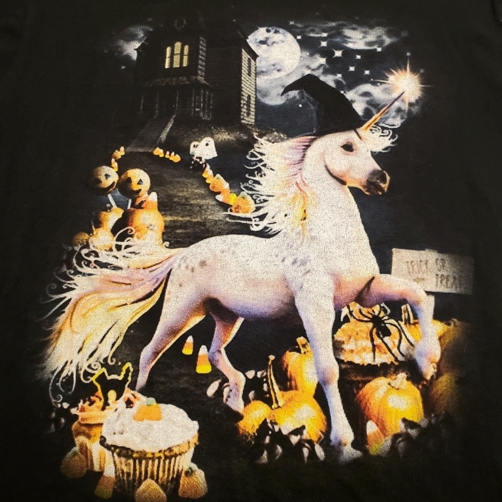 Unicorn Halloween Fruit Of The Loom Heavy HD T-shirt Women's Size Small Black - Picture 3 of 6